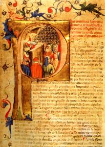 Una lectura Dantis raffigurata nel capolettera iniziale della Divina Commedia