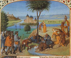 Jean Fouquet, La Halte des pèlerins; Combat de Fortune et Pauvreté (1460-1465)