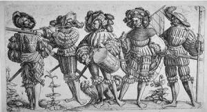 I cinque lanzichenecchi, acquaforte di Daniel Hopfer, ca. 1530