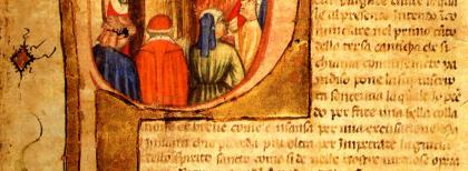 Una lectura Dantis raffigurata nel capolettera iniziale della Divina Commedia