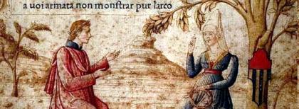 Laura e Petrarca, miniatura del "Canzoniere", autore anonimo, XIV-XV sec.