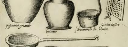 Utensili da cucina, illustrazione tratta dall'Opera di Bartolomeo Scappi, 1570. 