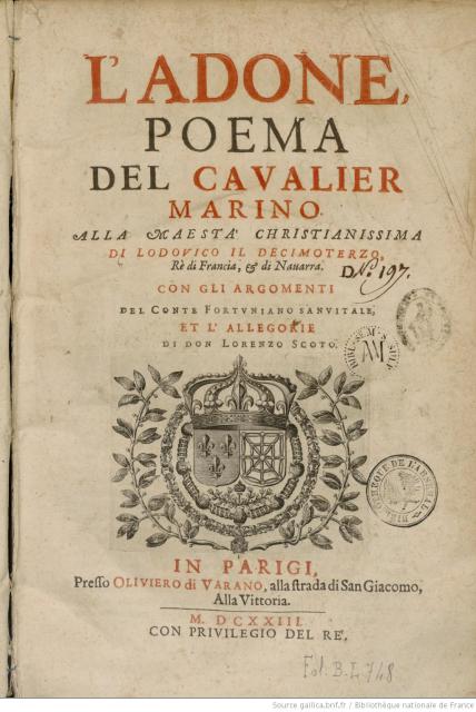 Frontespizio della prima edizione di Giovan Battista Marino, "L’Adone"